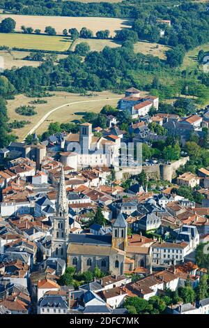 France, Deux Sevres, Parthenay, St Laurent church and yhe old medieval town (aerial view) Stock Photo