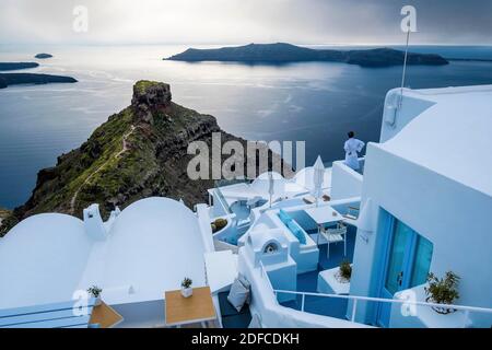 Greece, Western Cyclades, Santorini, Fira village, Skaros Rock Stock Photo