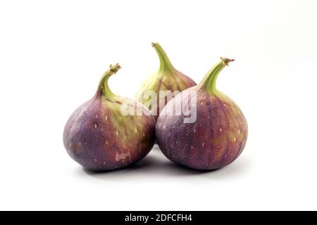 Three organic figs isolated with small shadows on a white background, delicious and healthy fruits, copy space, selected focus, narrow depth of field Stock Photo