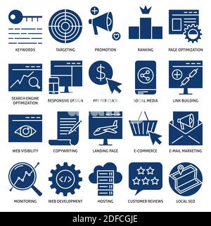 SEO services icon set in flat style. Search engine optimization symbols collection. Digital marketing and website development. Vector illustration. Stock Vector