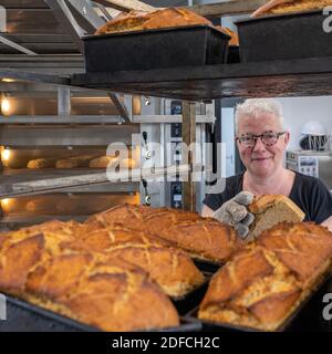 PRODUCTION OF ORGANIC BREAD BY BLANDINE ZOUTARD, MESNIL-SUR-ITON, EURE, NORMANDY, FRANCE, EUROPE Stock Photo