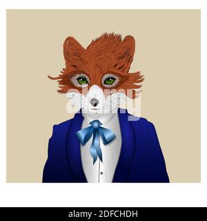 fox dressed in a tuxedo with present, anthropomorphic illustration, festive character, vector illustration, eps 10 Stock Vector
