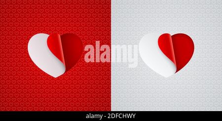 Heart shapes stickers on red and white heart shaped patterned backgrounds. Love icons, Valentines Day card design. Stock Vector