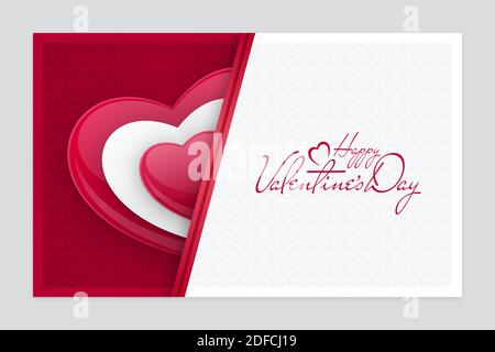 Patterned red and white greeting card with half heart shape. Paper cut Valentines Day banner design. Stock Vector