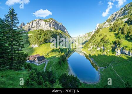 Aerial view of Bollenwees Hutte chalet on shores of Falensee lake, Appenzell Canton, Alpstein Range, Switzerland Stock Photo