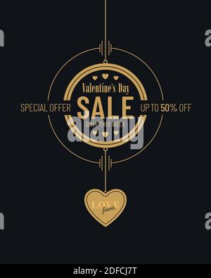 Black and gold colored Valentines Day sale invitation poster design with heart shaped pendant. Advertisement campaign flyer banner design for Valentin Stock Vector