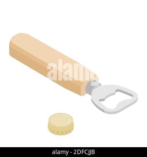 Classic shape bottle opener and cork isolated on white background. Isometric view. Vector Stock Vector