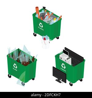 Garbage cans full of sorted garbage vector icons. Recycling garbage separation collection. Isometric view. Vector Stock Vector