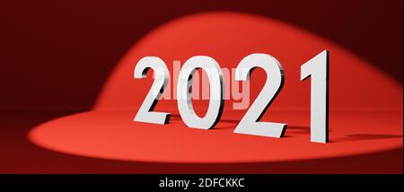 Year 2021 in white bold numbers in the spotlight on red background, 3D cgi rendering, illustration, conceptual wallpaper Stock Photo