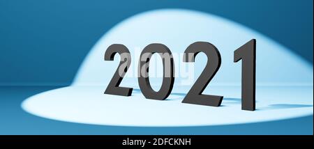 Year 2021 in dark black bold numbers in the spotlight on blue background, 3D cgi rendering, illustration, conceptual wallpaper Stock Photo