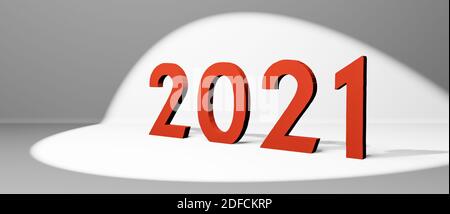 Year 2021 in red bold numbers in the spotlight on white background, 3D cgi rendering, illustration, conceptual wallpaper Stock Photo