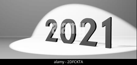 Year 2021 in grey bold numbers in the spotlight on white background, 3D cgi rendering, illustration, conceptual wallpaper Stock Photo