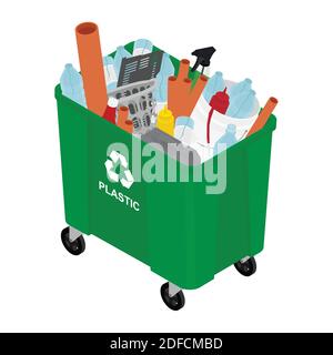 Green outdoor trash can with sorted plastic garbage vector icon. Recycling garbage separation isolated on white background. Recycling concept - bin fu Stock Vector