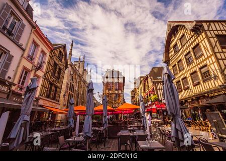 City center square in Troyes France with it's traditional Tudor architecture. Restaurants and shops in the foreground. Stock Photo