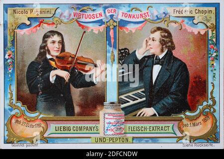 Picture series Virtuosi of the Art of Music, Nicolo Paganini and Fredric Chopin  /  Bildserie Virtuosen der Tonkunst, Nicolo Paganini und Fredric Chopin, Liebigbild, digital improved reproduction of a collectible image from the Liebig company, estimated from 1900, pd  /  digital verbesserte Reproduktion eines Sammelbildes von ca 1900, gemeinfrei, Stock Photo