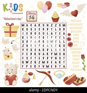Easy word search crossword puzzle 'Valentine's day', for children in elementary, primary and middle school. Fun way to practice language comprehension Stock Vector