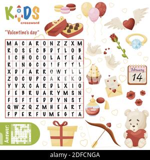 Easy word search crossword puzzle 'Valentine's day', for children in elementary, primary and middle school. Fun way to practice language comprehension Stock Vector