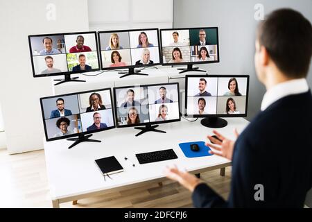 Elearning Training Presentation Using Videoconference With Virtual Audience Stock Photo