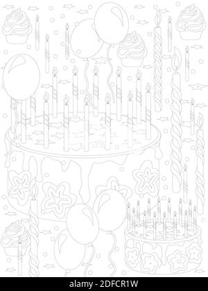 Coloring Page on the theme of the holiday - cakes, cakes, candles and balloons Stock Vector