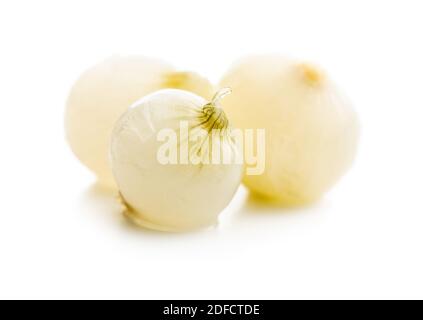 Pickled mini baby onions isolated on white background. Stock Photo