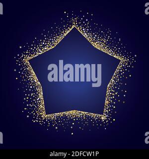 Golden sparkling stroke, star shape. Dust glitter graphic, dark blue background. Decorative glowing dots, shiny texture, creative design Discount logo Stock Vector