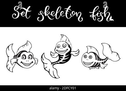 Cute set fish skeletons. Halloween template for print, pattern. Stock Vector