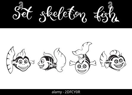 Cute set fish skeletons. Halloween template for print, pattern. Stock Vector