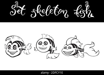 Cute set fish skeletons. Halloween template for print, pattern. Stock Vector