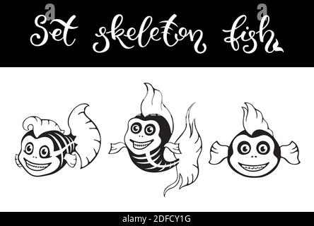 Cute set fish skeletons. Halloween template for print, pattern. Stock Vector
