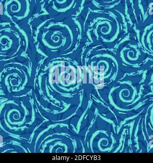 Seamless vector pattern of spirals of torn lines and corners of turquoise color on a blue background.Texture of swirls and curls Stock Vector