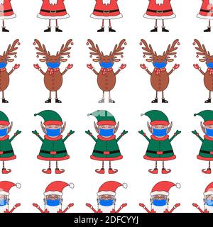 Christmas seamless pattern made from Santa Claus, Elf and Deer characters in medical masks isolated on white background. Stock Vector