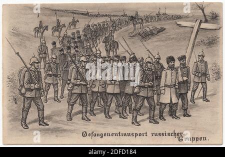 Russian prisoners of war march escorted by German escort soldiers during the First World War depicted in the drawing by an unknown artist dated probably from 1914 to 1917 and published in the German vintage postcard. Text in German means: Transport of Russian troops. Courtesy of the Azoor Postcard Collection. Stock Photo
