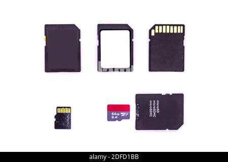 Memory cards - various sizes SD cards isolated on white background. SD and micro SD Cards. Stock Photo