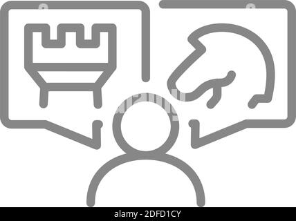 Human with knight and rook chess in speech bubbles line icon. Board game, table entertainment symbol Stock Vector