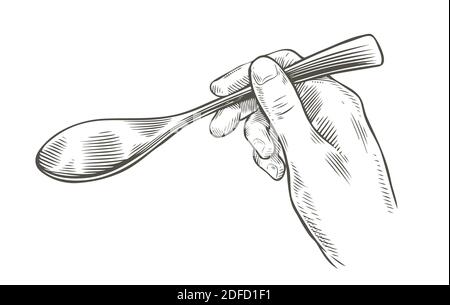 Spoon in hand sketch. Restaurant, cooking, food concept vintage vector illustration Stock Vector