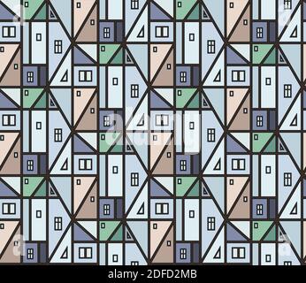 Abstract real estate seamless pattern. Repeated geometric tile ornament. Minimalist background with buildings elements. Simple flat vector illustration. Fit for wallpaper, wrapping paper, fabric, textile and etc. Stock Vector