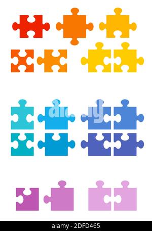 Different jigsaw puzzle pieces. Possible shapes of an normal game with and without edges and corners. Colorful sample set. Stock Photo