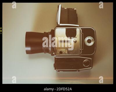 beautiful vintage film camera on retro color background professional equipment fashion collection and display Stock Photo