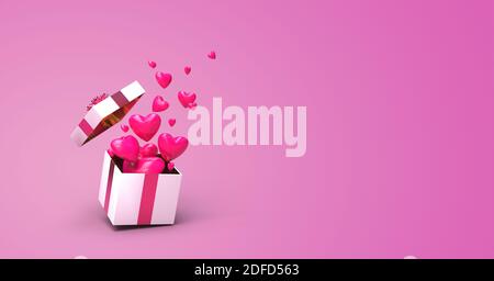 Hearts coming out of an open gift on pink background 3D rendering Stock Photo