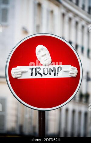 Hijacking of a forbidden sign by a street artist to demonstrate opposition to the re-election of Donald Trump as President of the United States. Stock Photo