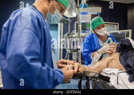 Anesthesiologist and nurse anesthetist in the operating room at the end of an operation under general anesthesia, Bordeaux hospital, France. Stock Photo