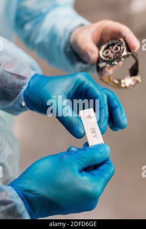 Pharmacist carries out an antigenic test for the detection of antigens of SARS-CoV-2, responsible for COVID-19, France, November 2020. Stock Photo