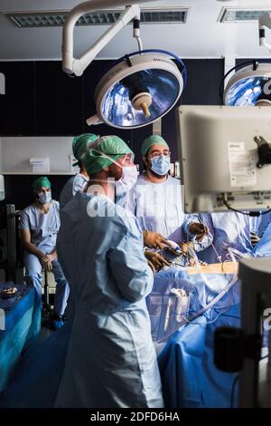 Kidney removal by laparoscopy from a living related donor, Bordeaux hospital, France. Stock Photo