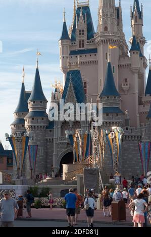 Colorful Fireworks at night around the famous castle Magic Kingdom, icon of multiple Hollywood movies. Disneyworld Florida, FL US USA Stock Photo