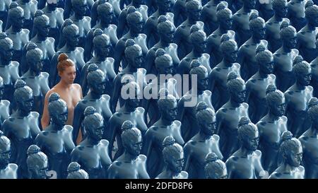 Robot grows humans, futuristic or scifi concept of cloned humans. 3d rendering illustration Stock Photo