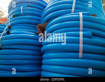 Coils with new blue watering hoses Stock Photo