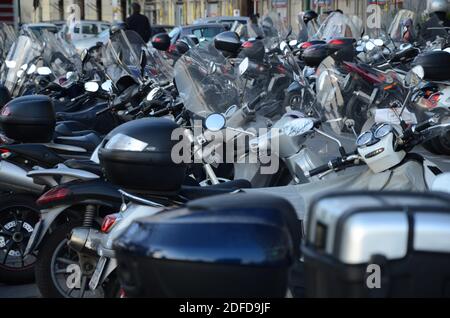 A parking for motorcycles and scooters Stock Photo