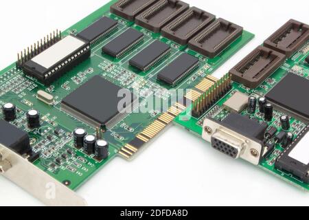Two video cards for a personal computer. Isolated on white background. Stock Photo