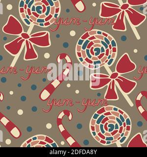 Vector seamless pattern of lollipops and candies on a light brown background. Yum-yum design for sweets shop or wallpaper. Stock Vector
