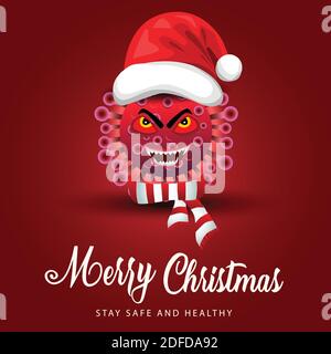 corona virus wearing Santa hat. merry Christmas greetings. coronavirus covid-19 concept. vector illustration design Stock Vector